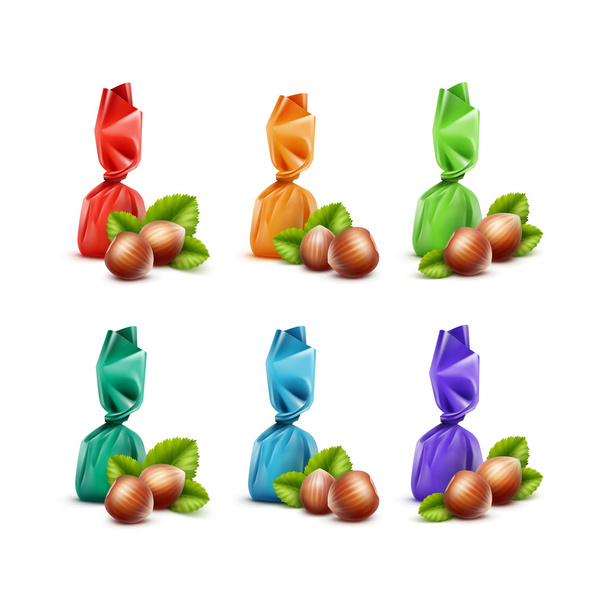 Set vettoriale di caramelle al cioccolato realistiche con nocciole in colore rosso arancio blu Greebn viola lucido Foil Wrapper Close up isolato su sfondo bianco
 - Vettoriali, immagini