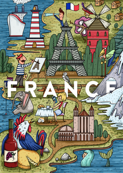 Kreskówka mapa Francji z popularnych miejsc - Wektor, obraz