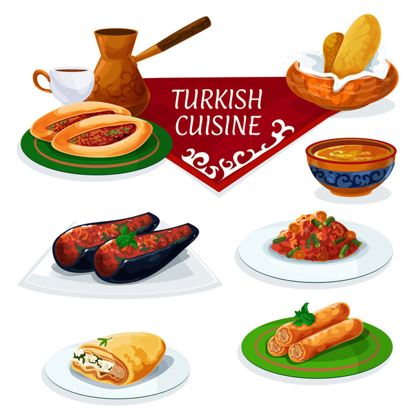 Török konyha hagyományos ételeit ikonját rajzfilm - Vektor, kép
