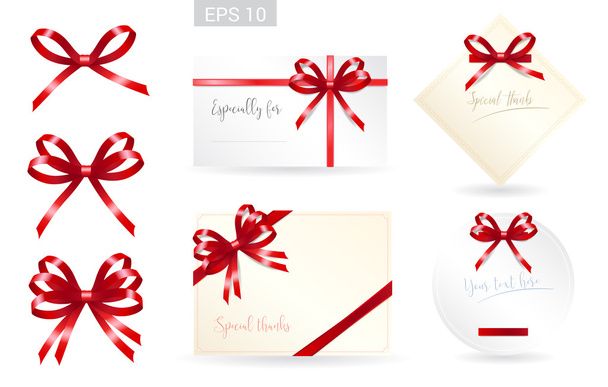 Set of ribbon tied bows in vector format for gift card, greeting card or thank you card - Vector, Image