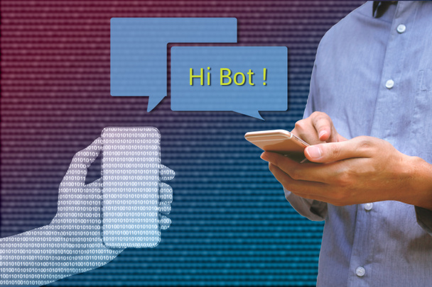 Chat bot ja tulevaisuuden markkinointi käsite, Mies tilalla älypuhelin chattailuun robotti kädet kommunikoida automaattinen viesti ja binary koodattu abstrakti tausta
 - Valokuva, kuva