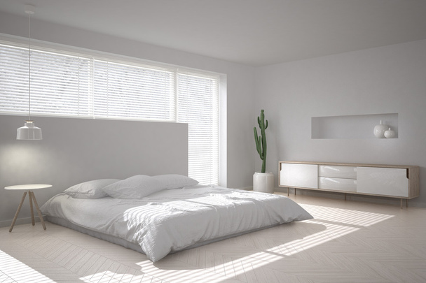白い最小限の寝室 - 写真・画像