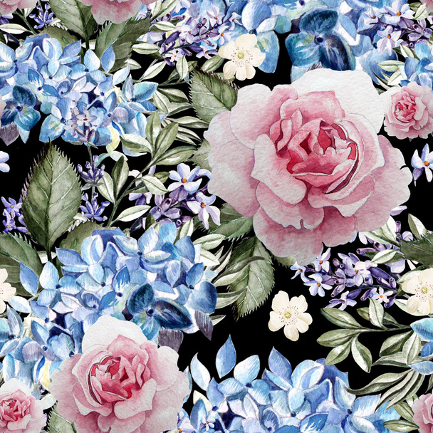 Akwarela wzór z Hortensja, róże i lavander. - Zdjęcie, obraz
