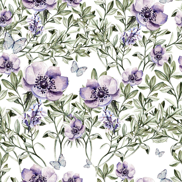 Watercolor pattern with the flowers of lavender and anemone. - Foto, Imagem