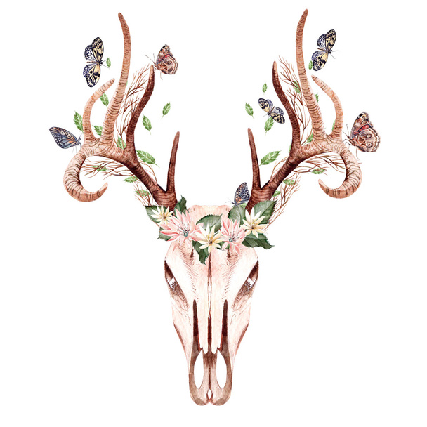 Beautiful Watercolor hand drawn floral with deer, butterfly and leaves.  - Photo, Image