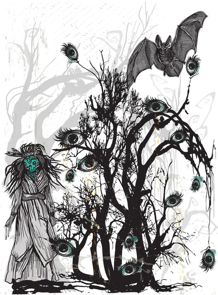 Eye tree. Halloween poster. An hand drawn vector. - Vector, Imagen