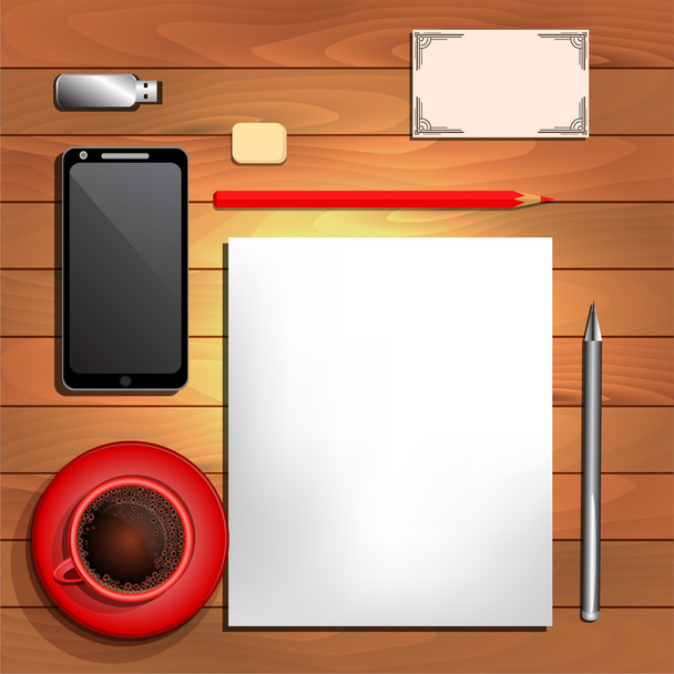 Офисные принадлежности, черный кофе, бумага и красный карандаш
 - Вектор,изображение