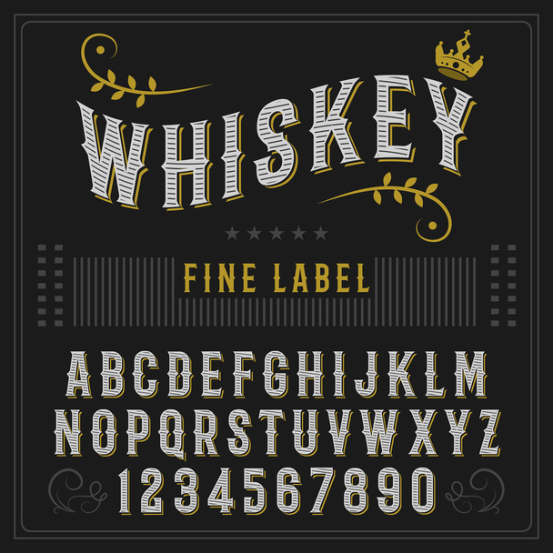 Whiskey-Etikettenschrift und Muster-Etikettendesign. Vintage anmutende Schrift in Schwarz-Gold-Farben, editierbar und geschichtet - Vektor, Bild