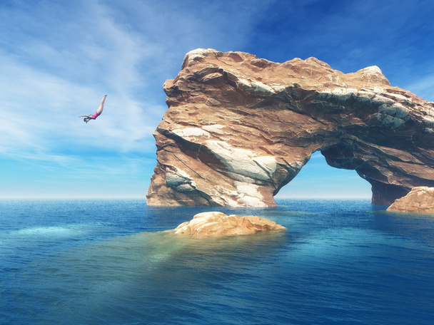 Femme sautant de la falaise dans l'océan
. - Photo, image