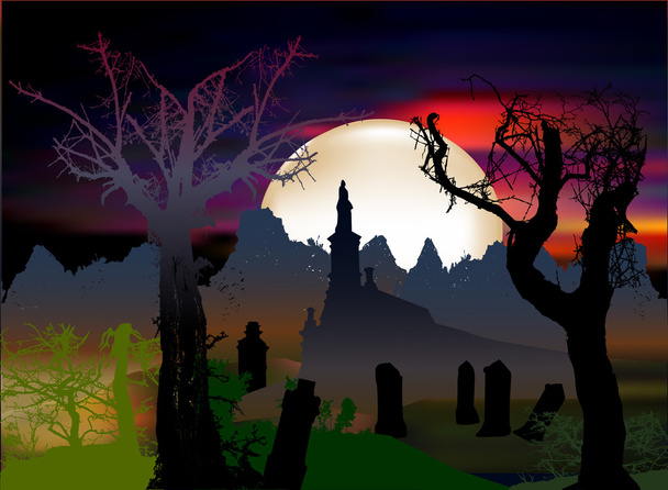 Halloween buio paesaggio spaventoso con cappella, lapidi e sagome di alberi
 - Vettoriali, immagini