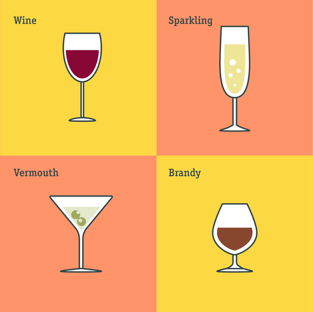 Ensemble d'icônes vectorielles de gobelets en verre. Conception de ligne mince plate. Vin, vin mousseux, vermouth et brandy
. - Vecteur, image