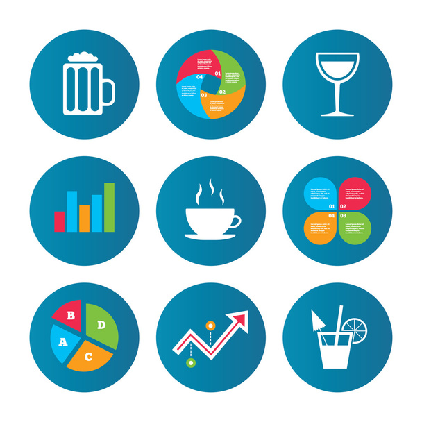 Drinks signs. Coffee cup, glass of beer icons. - Вектор,изображение
