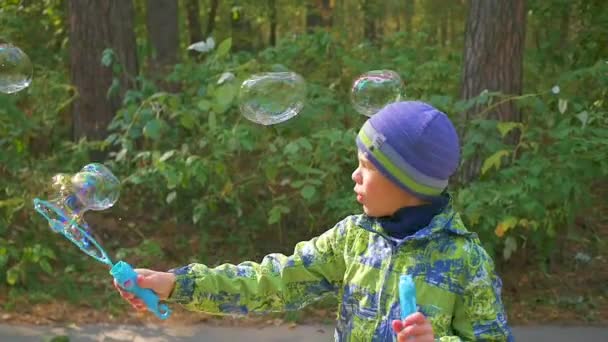 boy makes big soap bubbles in the Park with delight - Footage, Video