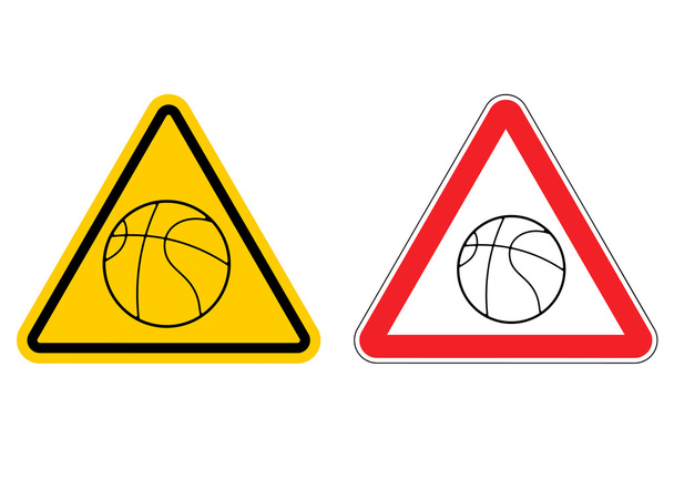 Uwaga znak ostrzegawczy koszykówki. Niebezpieczeństwa żółte gry znak. Bal - Wektor, obraz