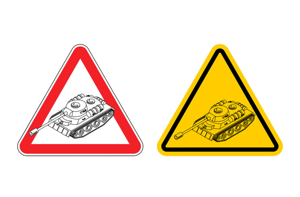  Warning sign of attention War. Dangers yellow sign army. Tank  - ベクター画像