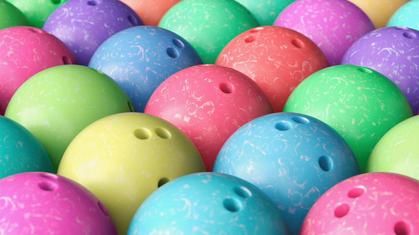 Close-up op de Array van zorgvuldig verpakt, kleurrijke Bowling ballen - Foto, afbeelding