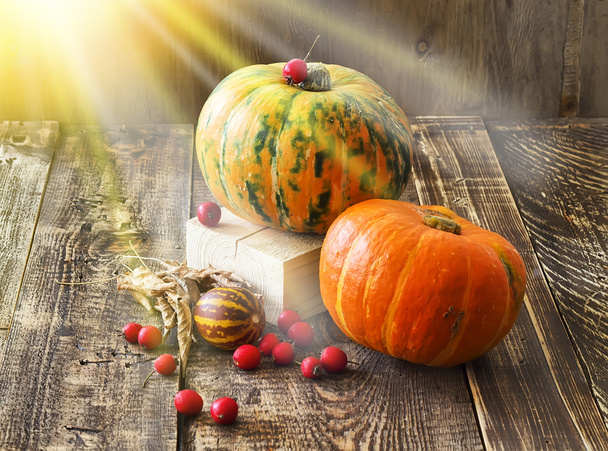 Pumpkins, melon and red berries on a wooden background - Фото, изображение