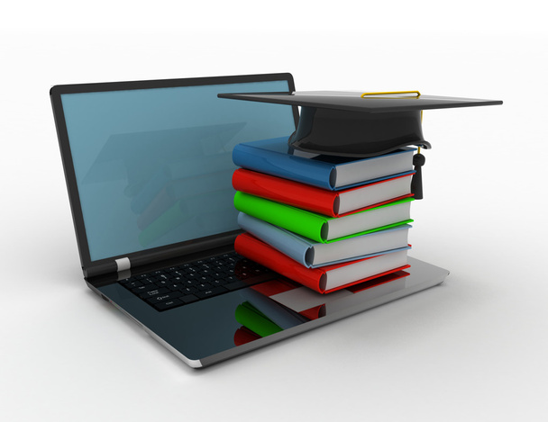 Książki i kasztana na laptopa e-learning koncepcja 3d w - Zdjęcie, obraz