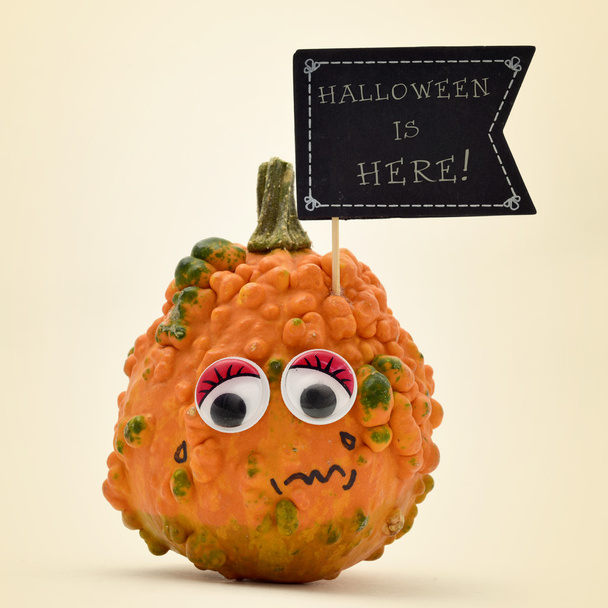 terrified pumpkin and text Halloween is here - Foto, afbeelding