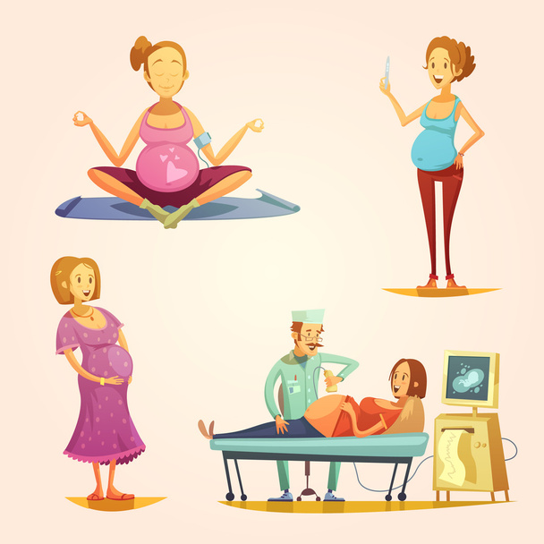 Pregnancy Retro Cartoon 4 icons Set - Vector, Image