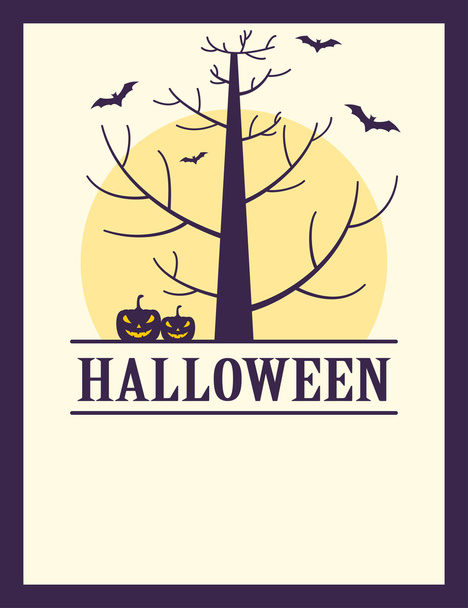 Винтажное хэллоуинское жуткое дерево, тыквы и плакат летучих мышей
 - Вектор,изображение