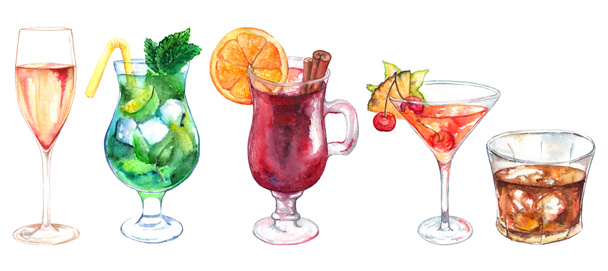Akvarell egzotikus ital alkohol koktél elszigetelt beállítása - Fotó, kép