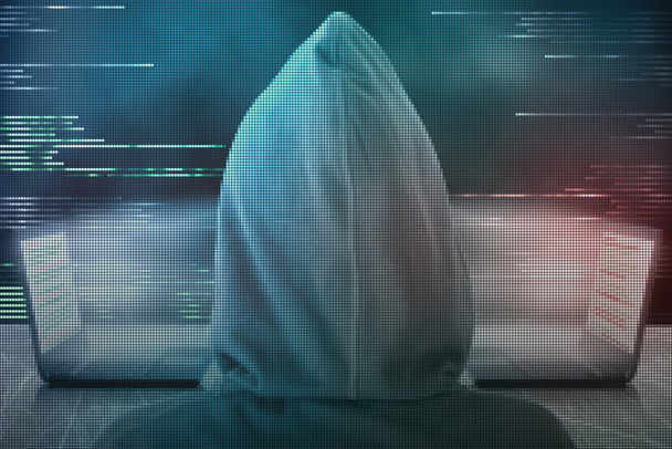 Pixelated hacker kandikál-on digitális adatátvitel két számítógép között - Fotó, kép
