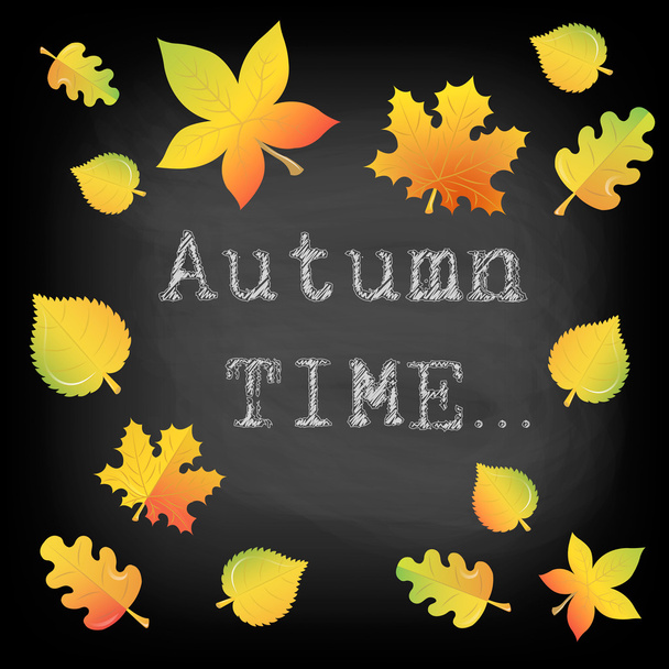 Inscription Autumn Time in chalk on a blackboard, and a collage  - Vector, imagen