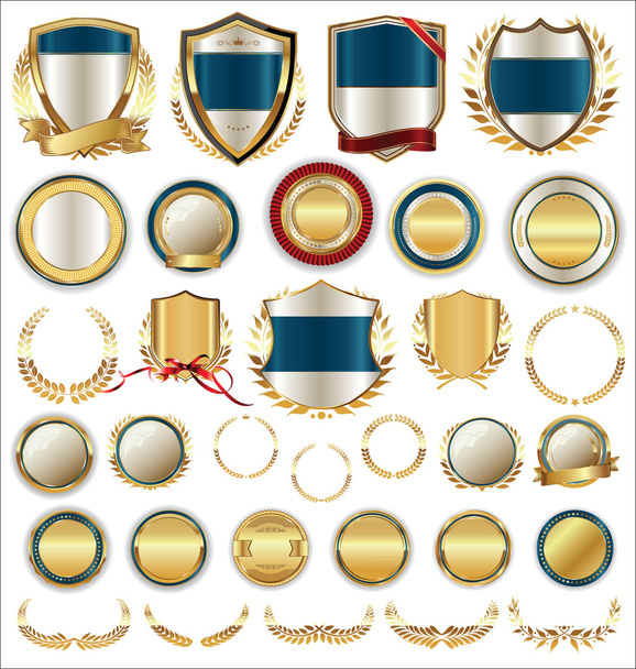 Vector medieval golden shields laurel wreaths and badges collection - Vetor, Imagem