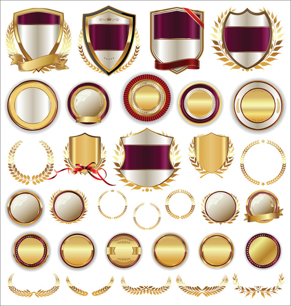 Vector medieval golden shields laurel wreaths and badges collection - Vector, imagen