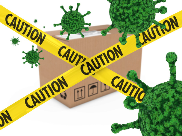Virus Infected Package behind Caution Tape 3D Illustration - Foto, afbeelding