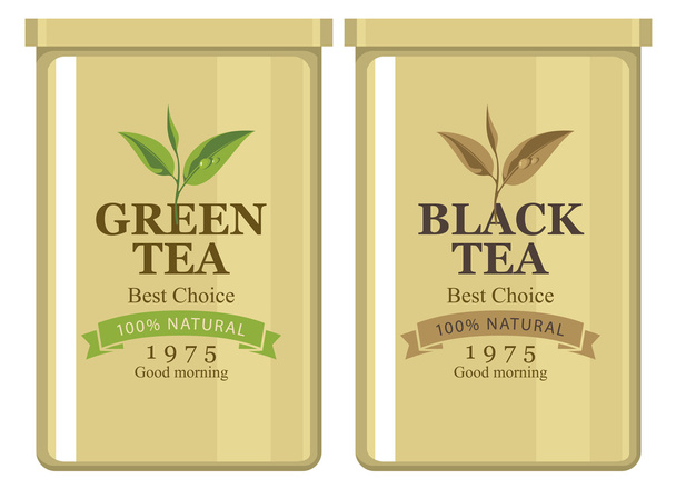 lata con etiqueta de té negro y verde
 - Vector, imagen
