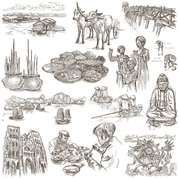 Vietnam. Pictures of Life. Freehands, hand drawn collection. - Foto, Imagen