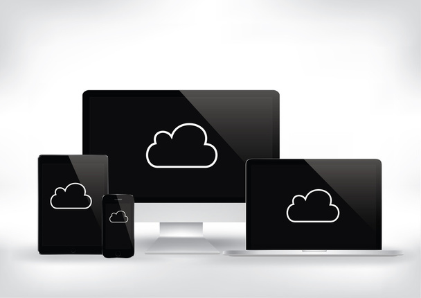 Хмарні обчислення - комп'ютер, ноутбук, планшет і смартфон Векторні ілюстрації та хмарний символ
  - Вектор, зображення