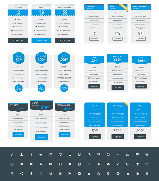 Set of Pricing Table Design Templates for Websites and Applications. Vector Pricing Plans with Icon Set. Blue and Black Colors. Flat Style Vector Illustration - Vector, Image