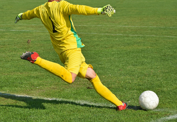 Goleiro de futebol chuta a bola
 - Foto, Imagem