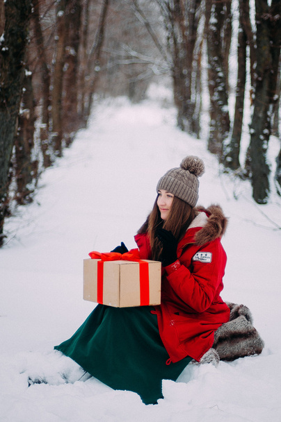 Kışın kar kucaklayan genç çekici kız. Kış portr - Fotoğraf, Görsel