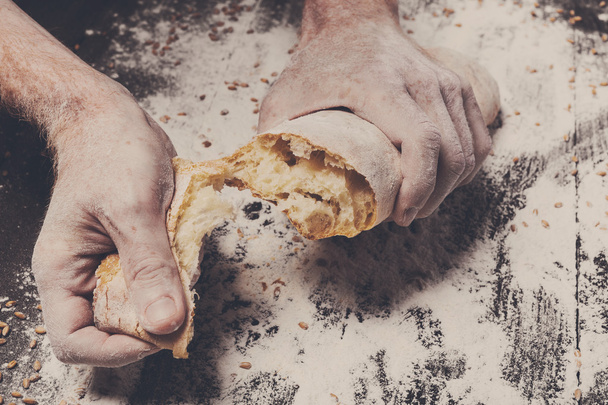 Bakery concept background. Hands breaking bread loaf - Photo, Image