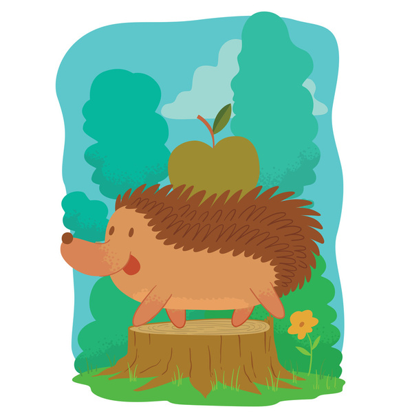 Card, cute brown hedgehog with a green apple - Vektör, Görsel