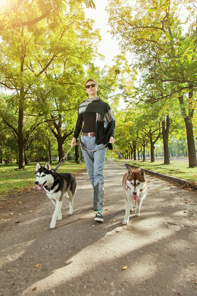 Young girl with two dogs Husky walking through the park - Foto, Imagem