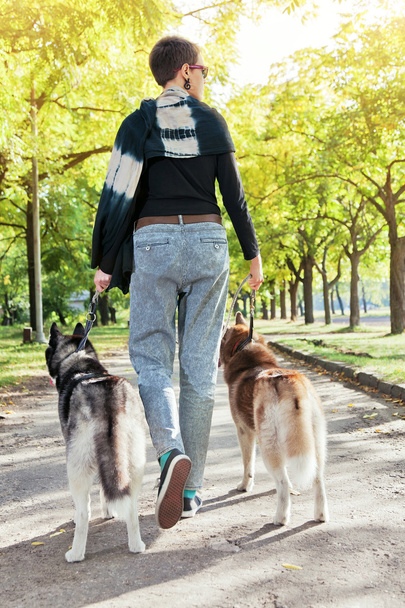 junges Mädchen mit zwei Hunden beim Gassigehen durch den Park - Foto, Bild