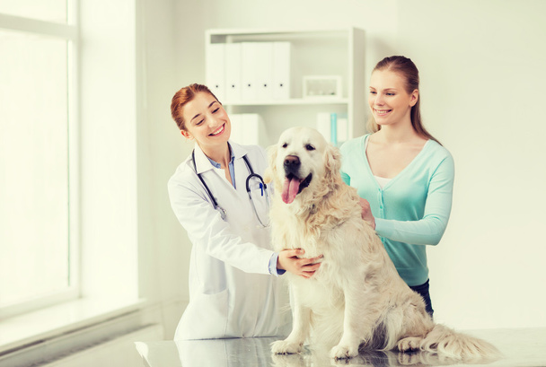 happy woman with dog and doctor at vet clinic - Fotoğraf, Görsel
