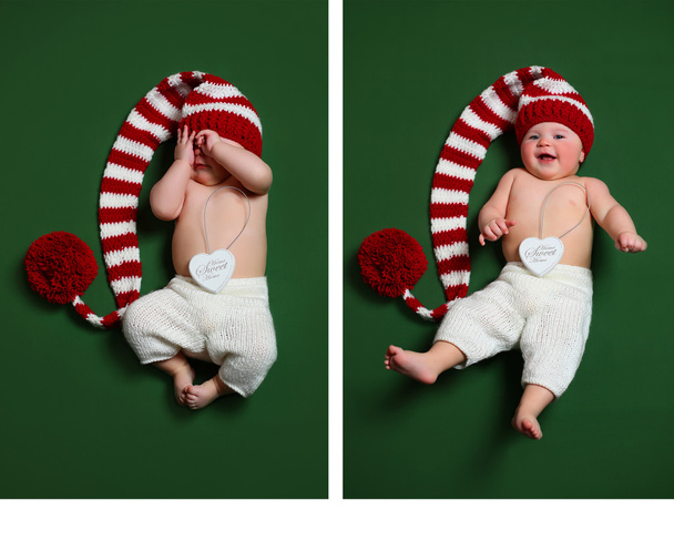 uma colagem de um bebê de Natal mentiroso usando um chapéu de cauda longa e calças brancas
 - Foto, Imagem