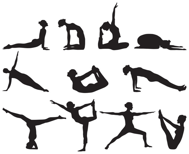 Silhouettes de positions de yoga sur fond blanc
 - Vecteur, image