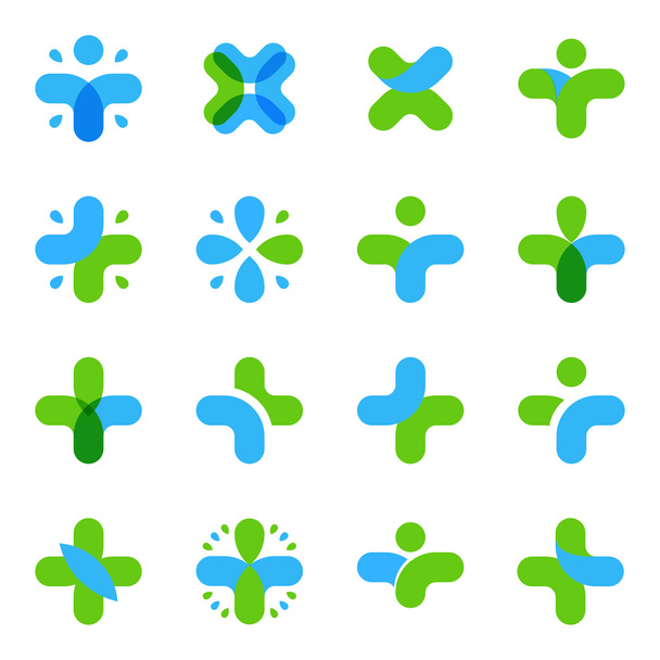 Isolated abstract blue, green color cross logo set. Medical logotype collection. Religious icon. Vector  illustration. Health sign. Hospital symbol. Arithmetic plus, multiplication element. - Vector, Image