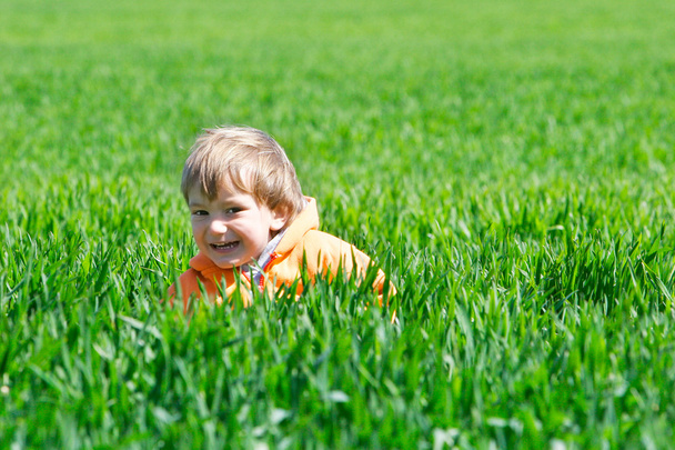 glücklicher Junge im grünen Gras - Foto, Bild
