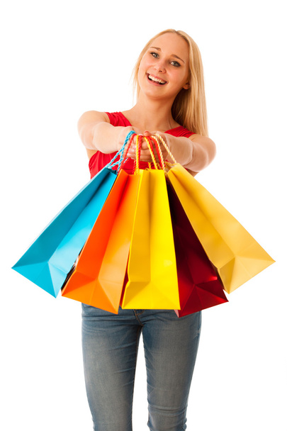 Beautiful young woman with shopping bags consumerism isolated ov - Fotoğraf, Görsel