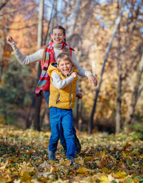 Kids having fun in autumn park - Фото, зображення