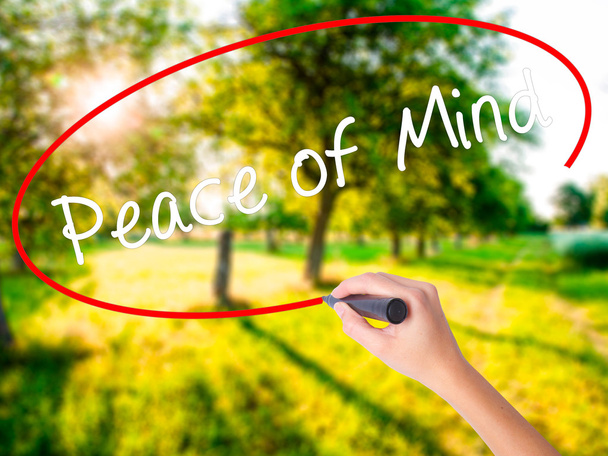 Woman Hand Writing Peace of Mind black marker on visual screen - Photo, Image