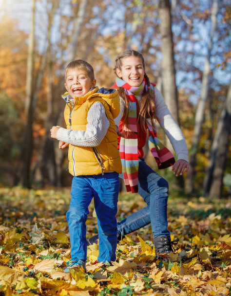 Kids having fun in autumn park - Фото, изображение